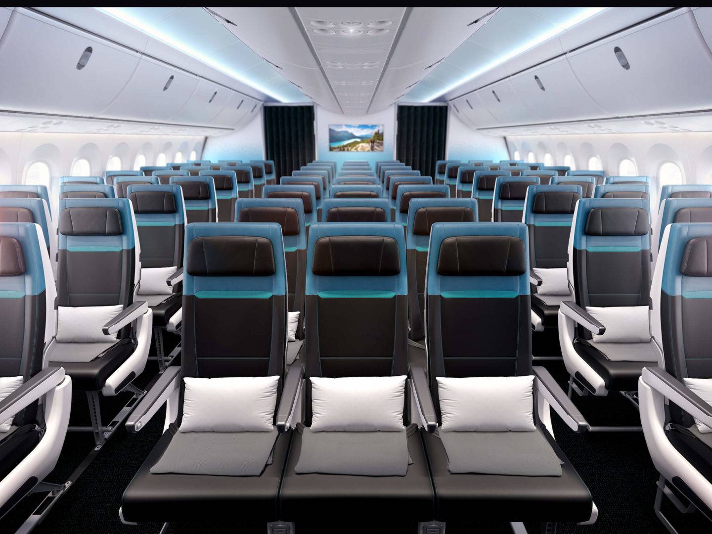 Full cabin view of the Economy Class cabin onboard WestJet's B787 aircraft