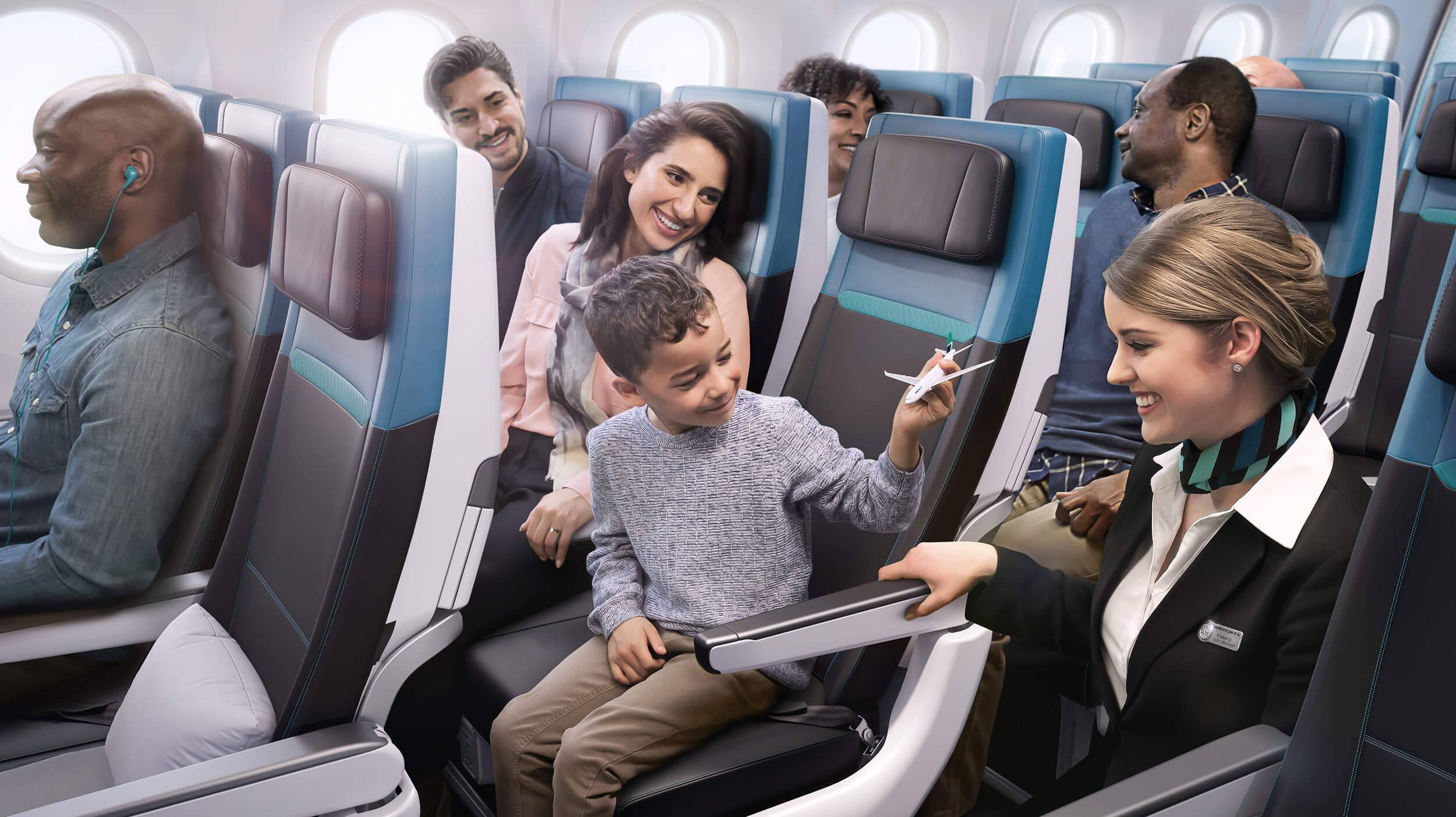 Smiling passengers relaxed in their seats in the WestJet 787 Economy Class cabin