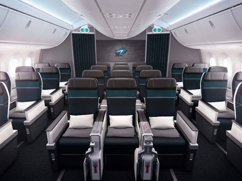 Full cabin view of Premium Economy Class onboard WestJet's B787 aircraft