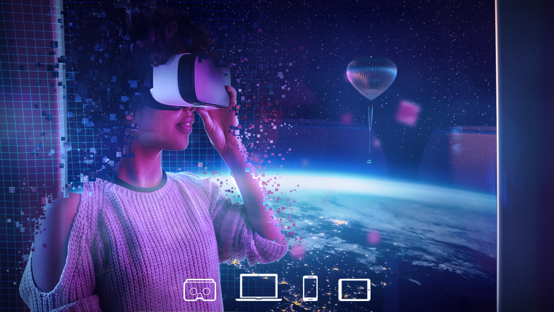A woman wearing a VR headset. A space capsule floating in space can be seen in the background
