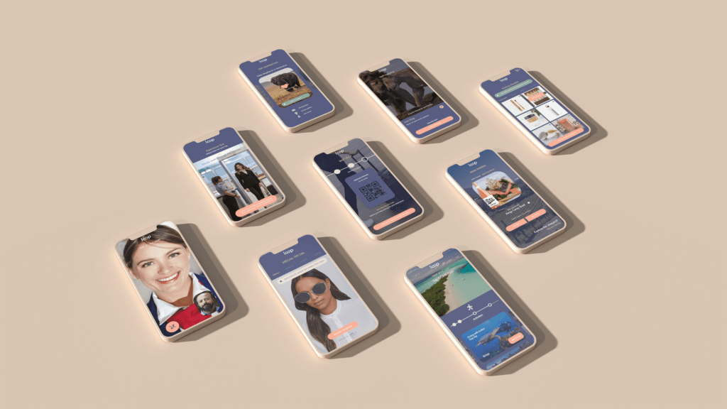 A series of mobile phones laid out on a light background. Each phone shows a different screen of retail or travel content