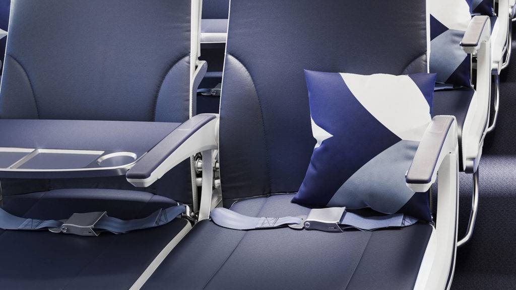 Close up of a cushion featuring the Aegean brand pattern on the aircraft's new Neo cabin interior