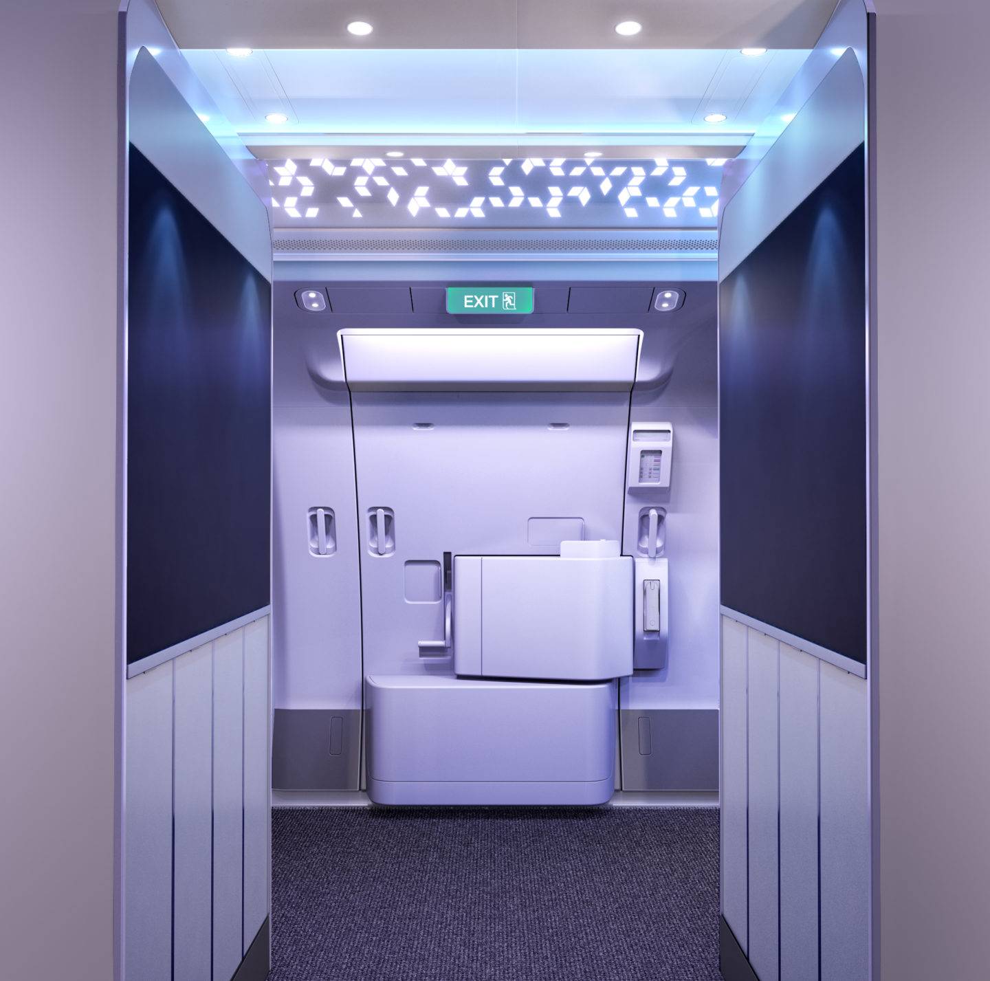 A close up of the door on the Airbus Airspace A330 neo seen from inside. An intricate pattern can be seen in the lighting above