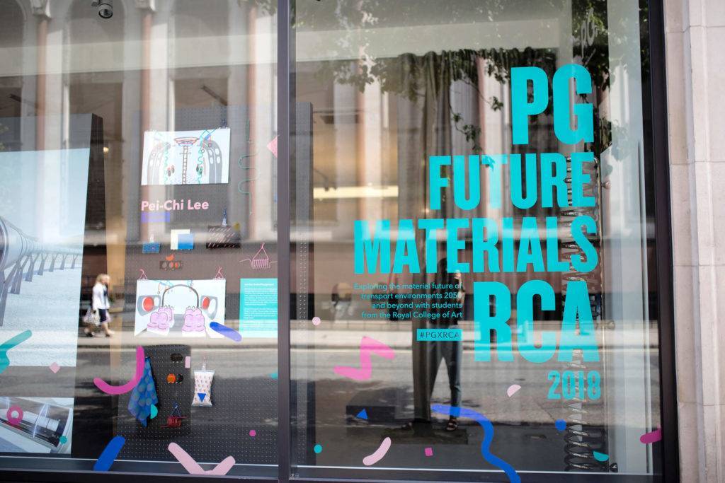 Exhibition title on a window: PG Future Materials RCA 2018