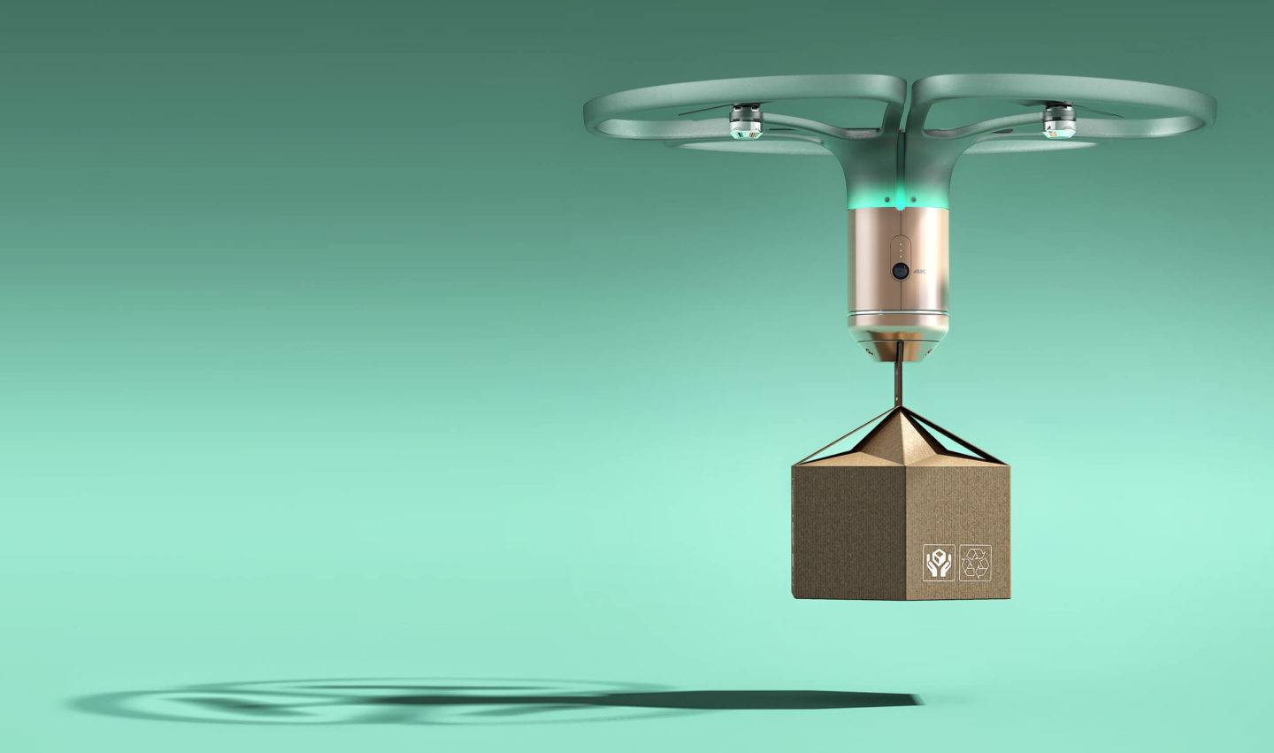 Artist's rendering of a drone lifting a parcel, set against a teal backdrop