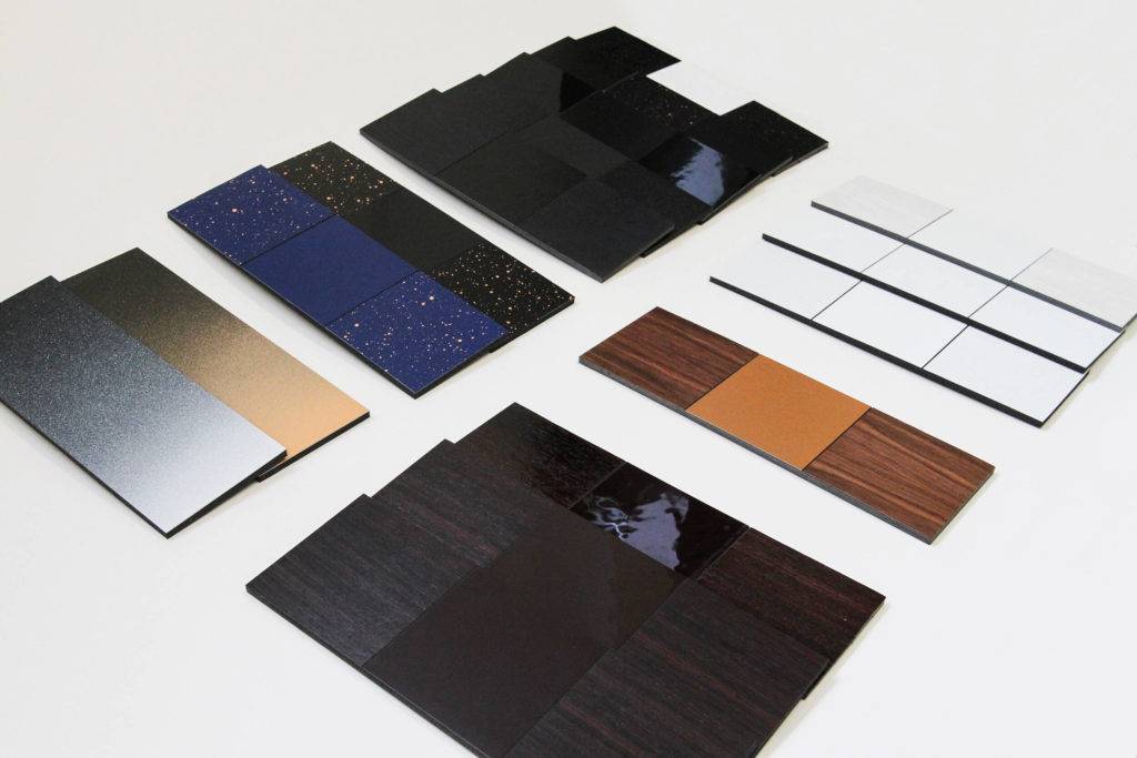 A selection of material samples in different colours and finishes
