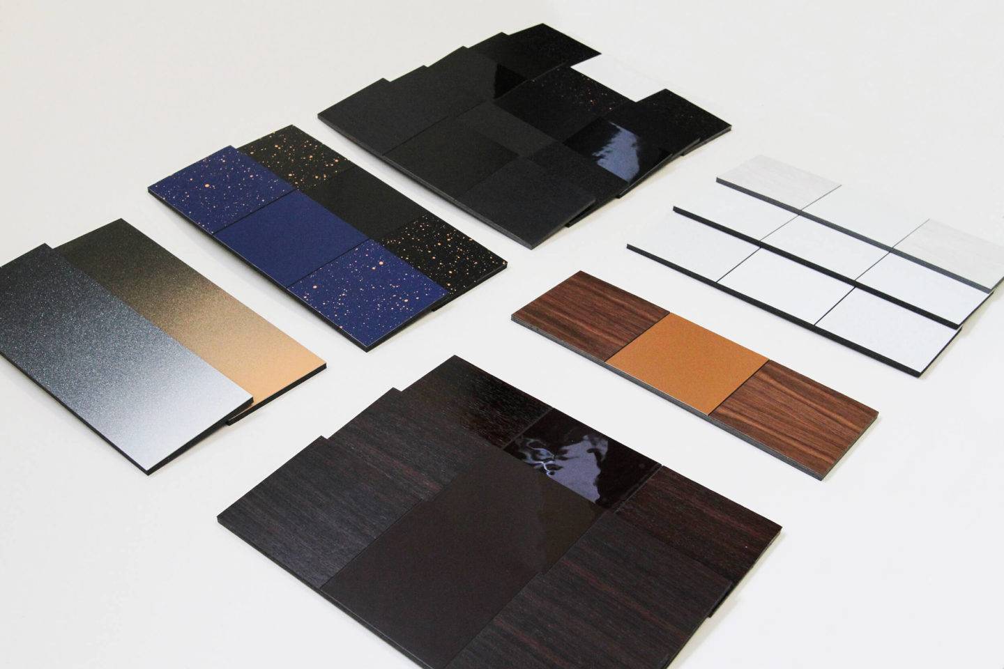 A selection of material samples in different colours and finishes