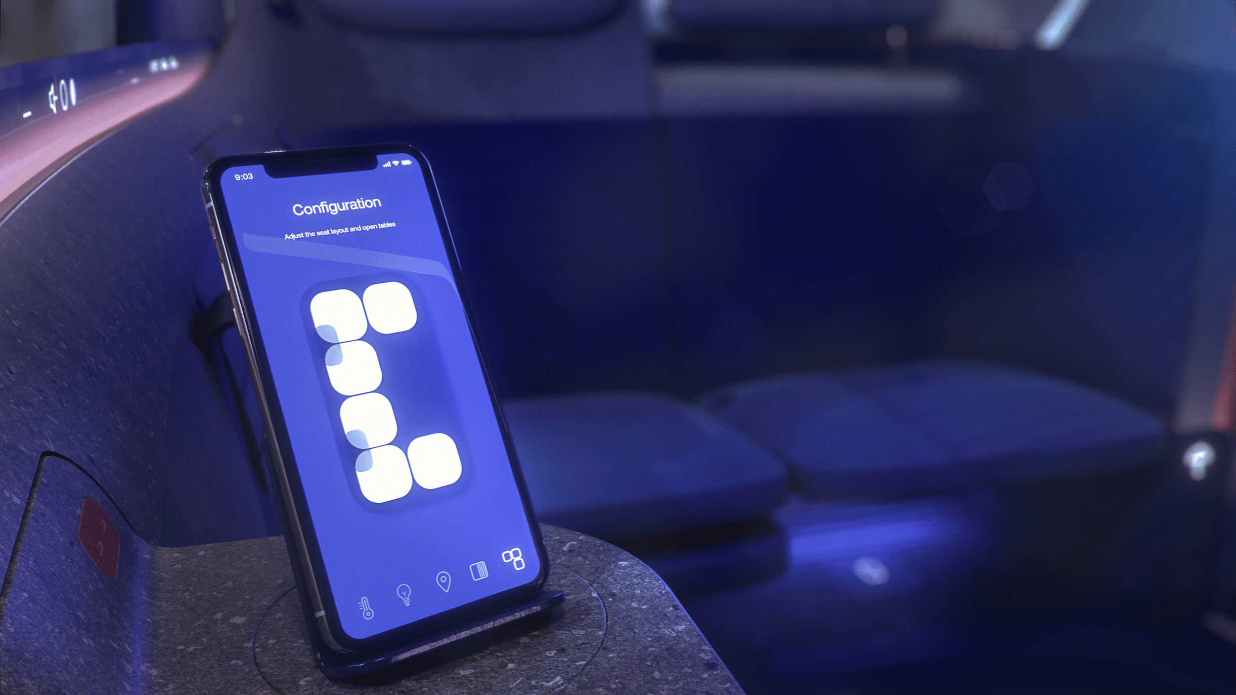 A phone on a small side table inside the New Car for London showing the selected configuration for the seats