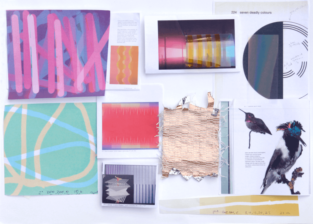 Moodboard showing images of art installations, bright colours and a photo of a bird