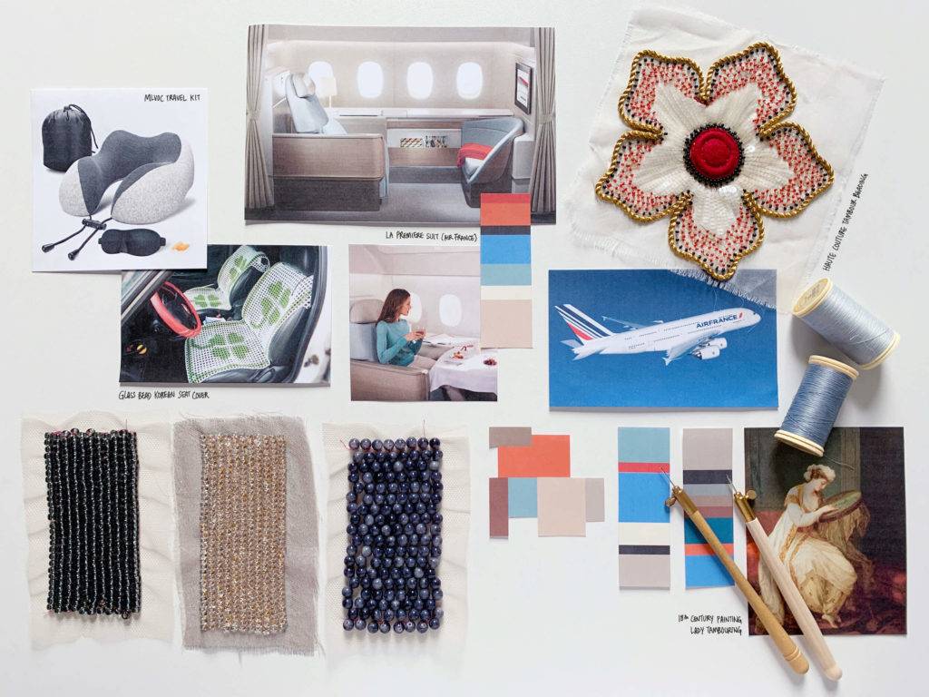 Moodboard showing images of a luxurious aircraft interior, bead, thread and colour samples