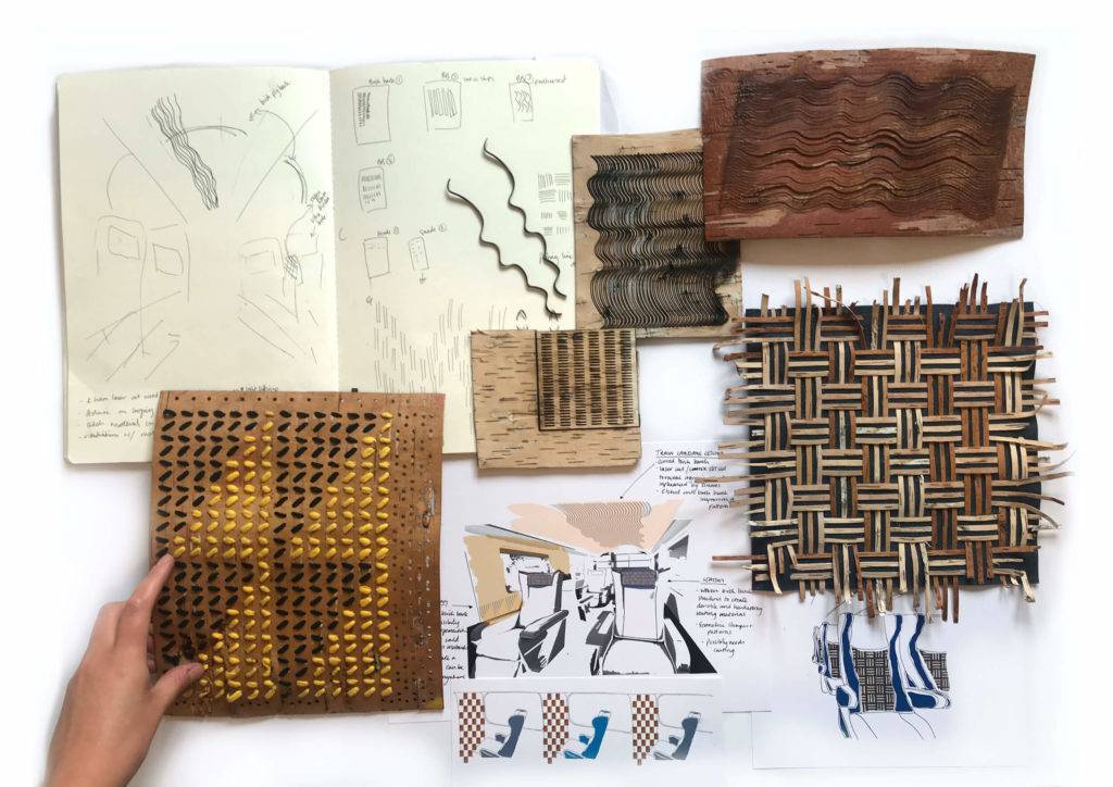A selection of natural looking material samples and sketchbook drawings