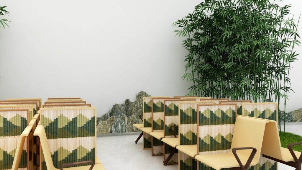 An airport seating area with dividing panels between seats made from natural, sustainable materials