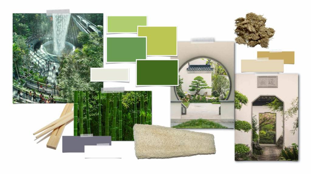 Moodboard showing shades of green, images of bamboo, natural materials and Japanese gardens