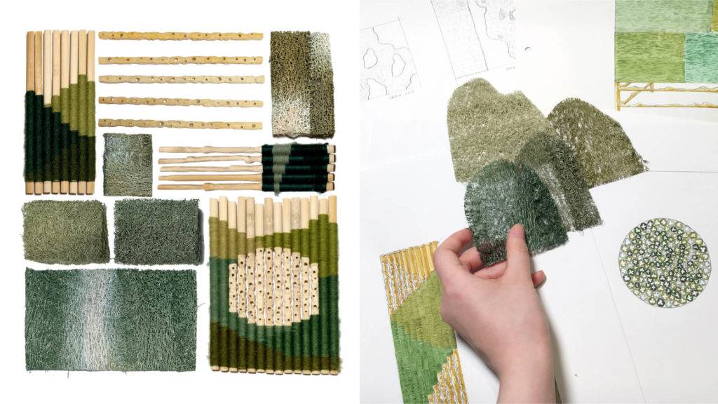Material sample experiments in shades of green and light wood made from natural materials