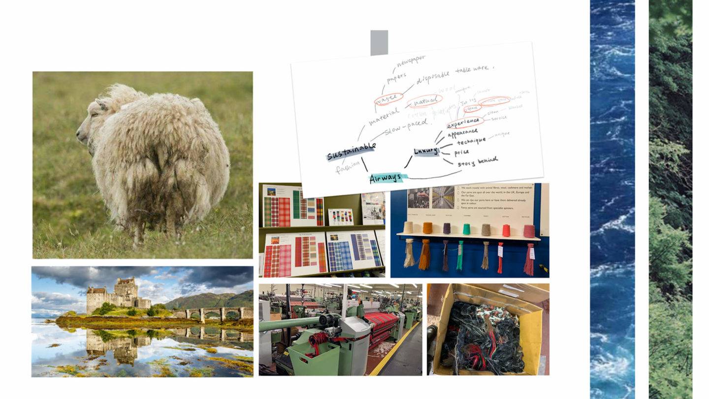 Moodboard showing a sheep, images of Scotland, sketches, tartan and a factory showing textile waste