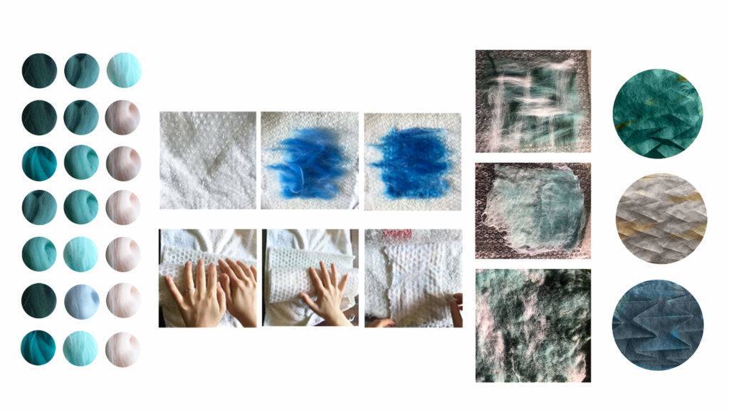 Experiments making felt like material samples in different colours including cream and shades of bluish green