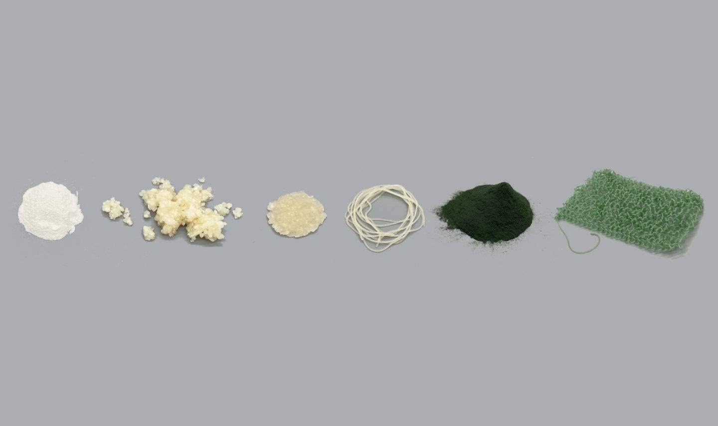 Algae broken down and shaped into different forms including powder, thread and yarn