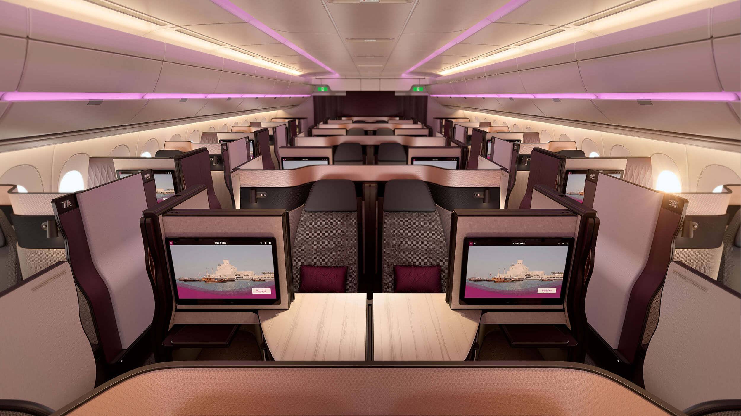 Full view of the QSuite Business Class cabin onboard Qatar Airways A350
