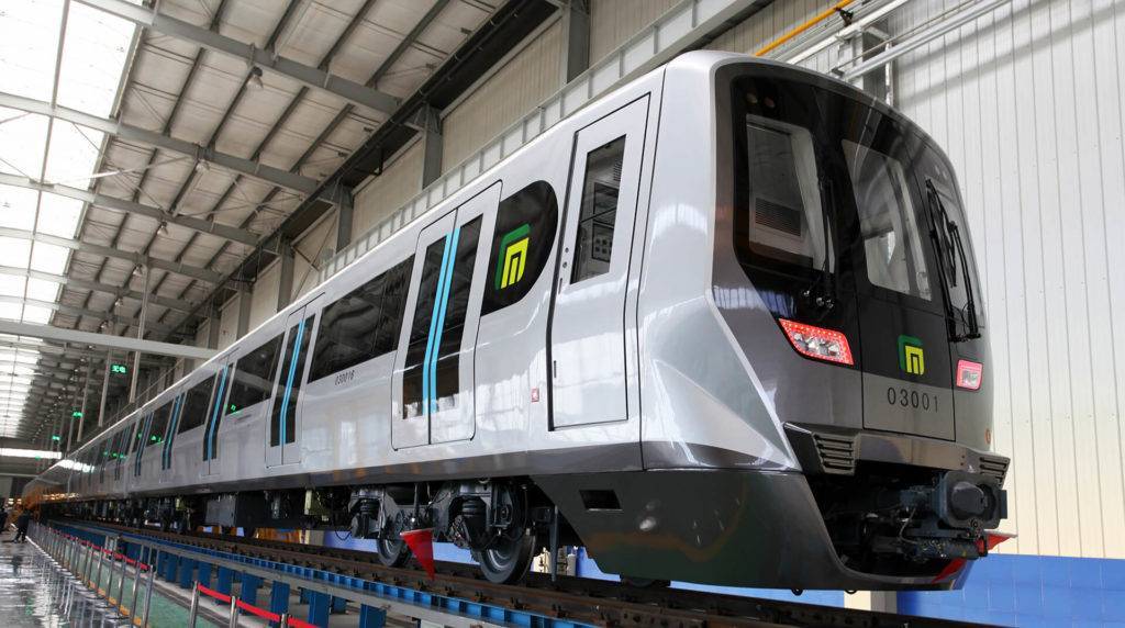 Side view of a MTR Hong Kong train carriage
