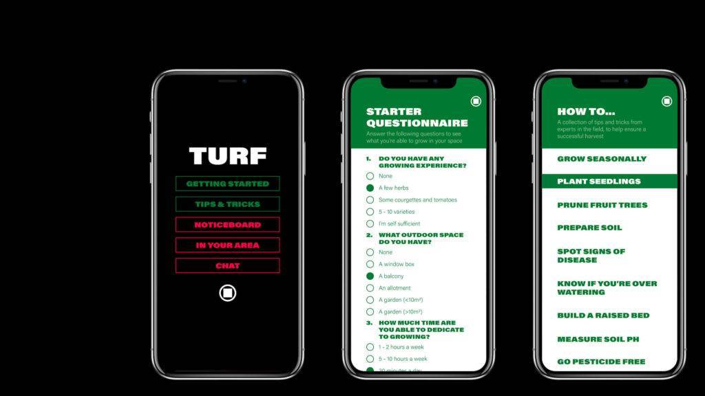 Screenshots showing the TURF app, including the home screen, starter questionnaire and how to screen