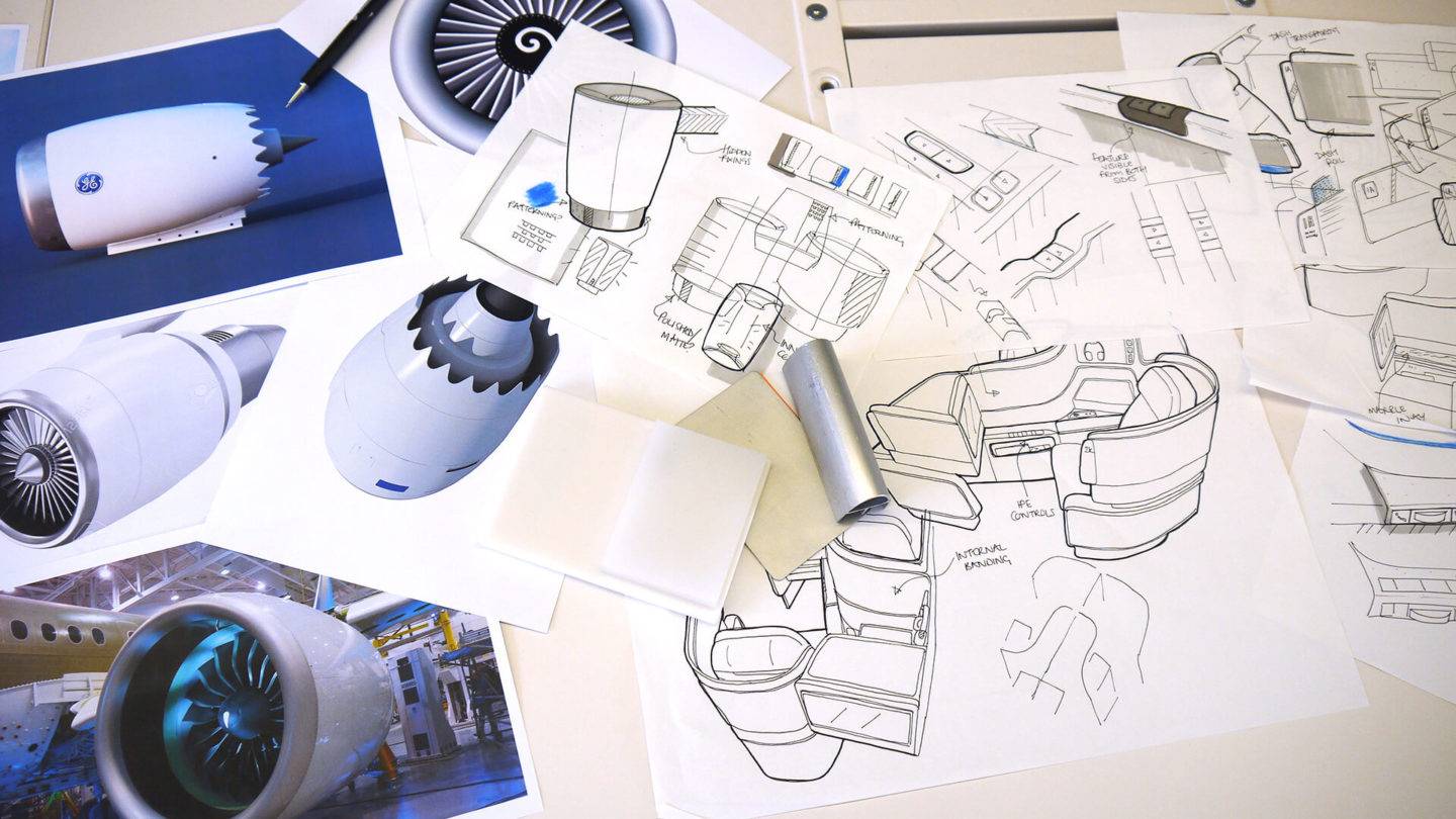 Sketches and images showing elements of the design process for United Airlines