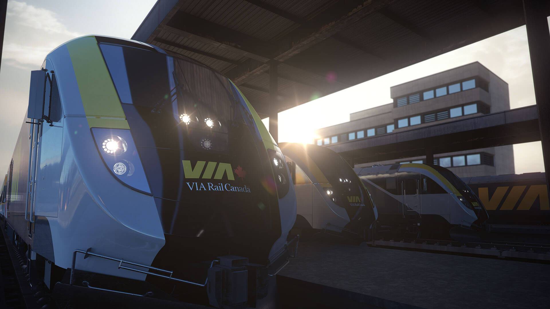 The front of the VIA new fleet locomotive shown by a station platform