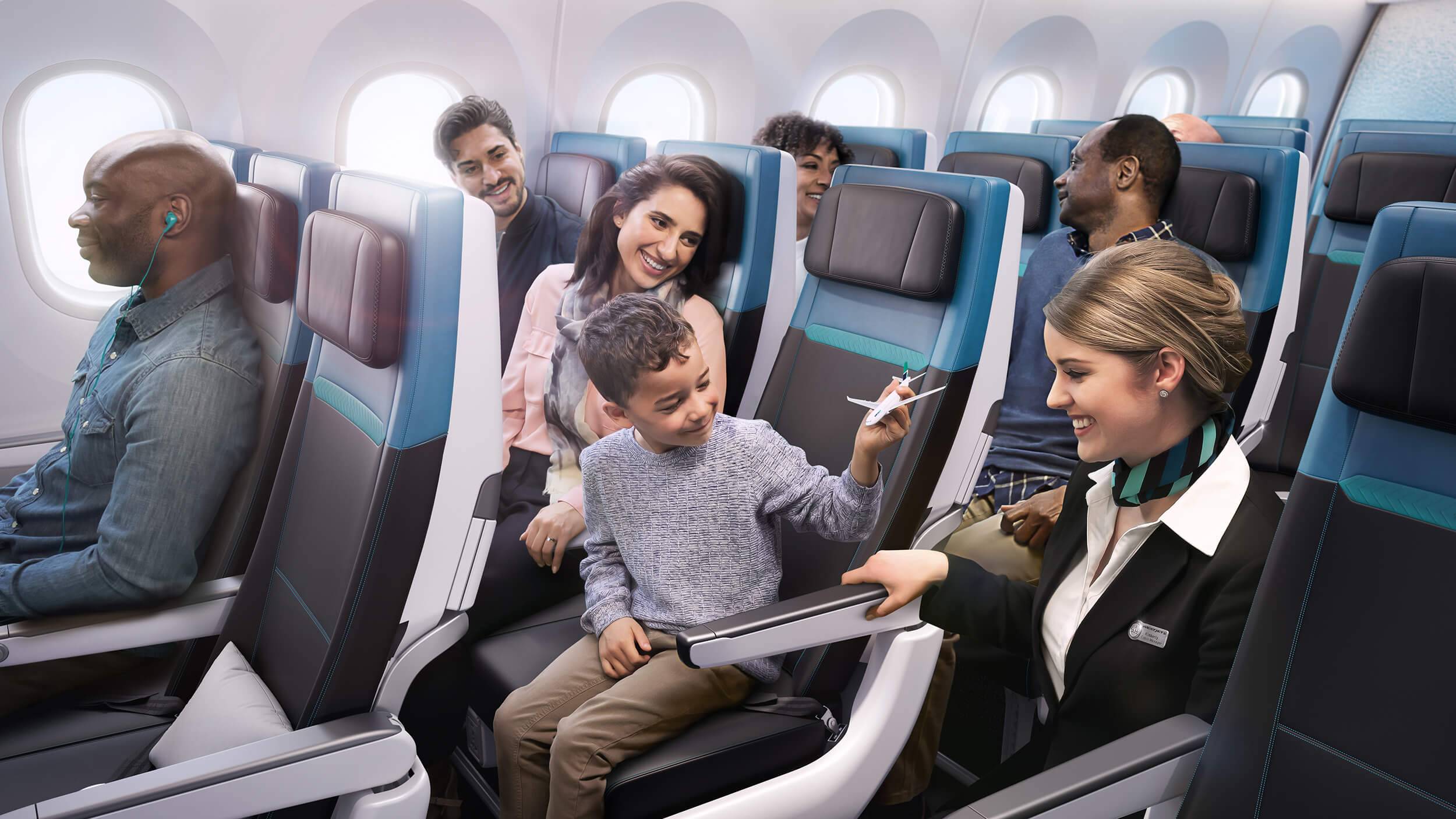 Smiling passengers relaxed in their seats in the WestJet 787 Economy Class cabin