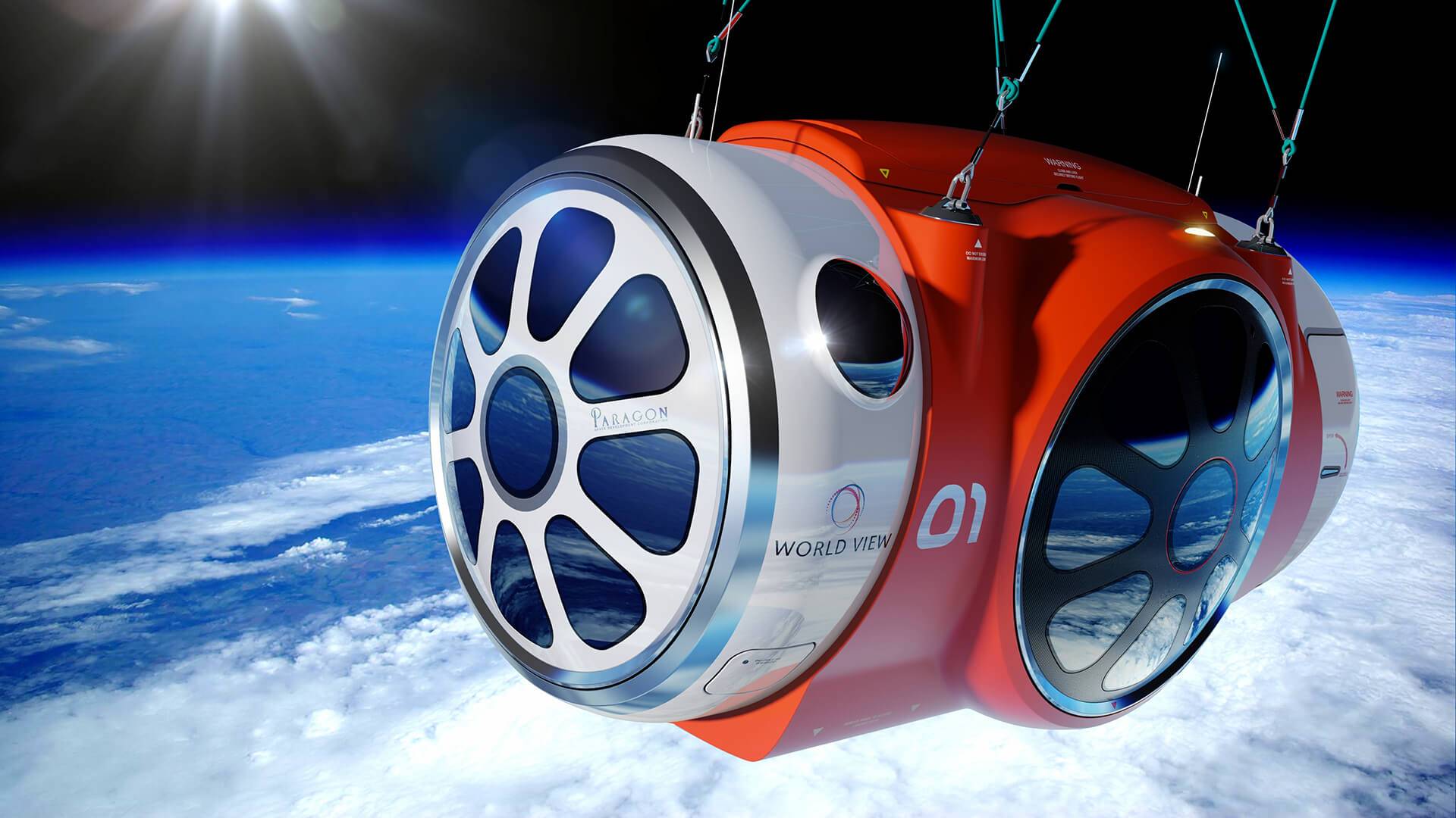 A space capsule floating in space, with the surface of the Earth and clouds seen below
