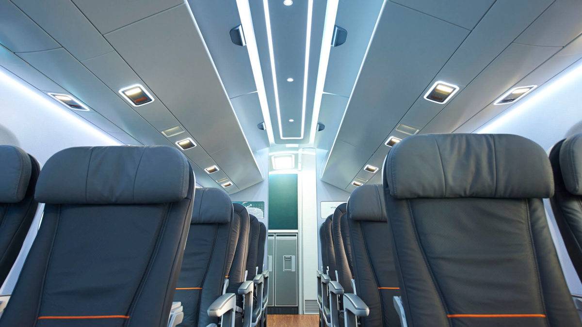 Embraer E2 Economy Class Cabin showing ceiling design with integrated services