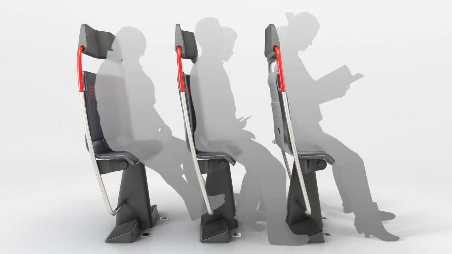 Artist's render of the staggered Horizon train seat, showing shadows of people seated