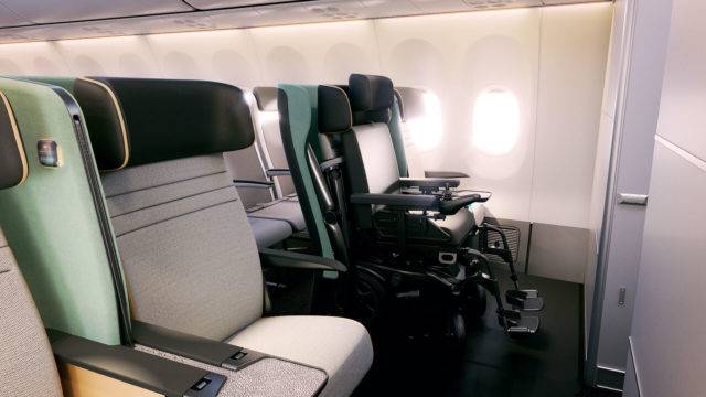 A powered wheelchair attached onto an aircraft seat