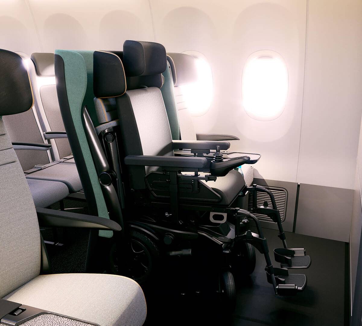 An aisle seat on an aircraft showing the seat flipped up