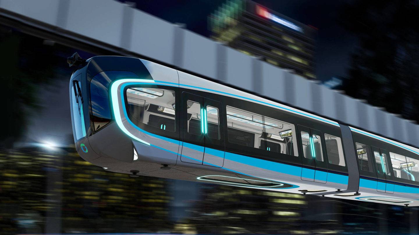 Suspended Monorail train design option 1 - night time view - for Wuhan's Tourist Line