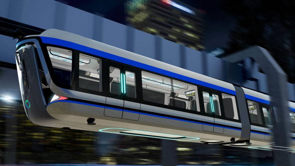 Suspended Monorail train design option 3 - night time view - for Wuhan's Tourist Line