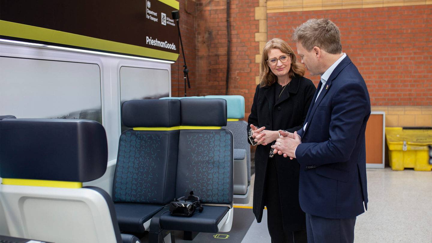 Kirsty Dias discussing the FOAK Proteus demonstrator seat with Transport Secretary Grant Shapps