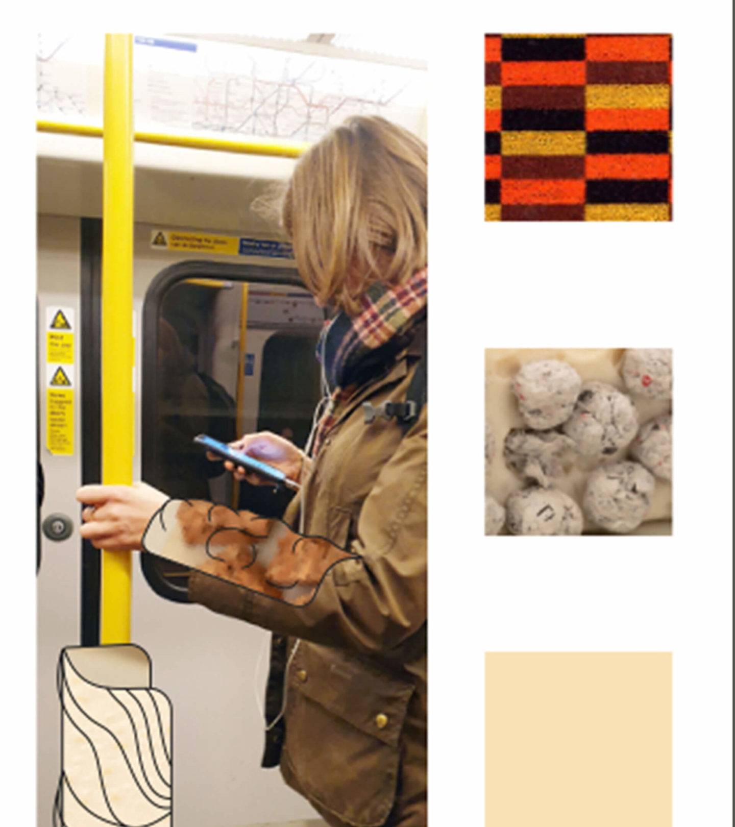 Materials samples and person standing on the tube