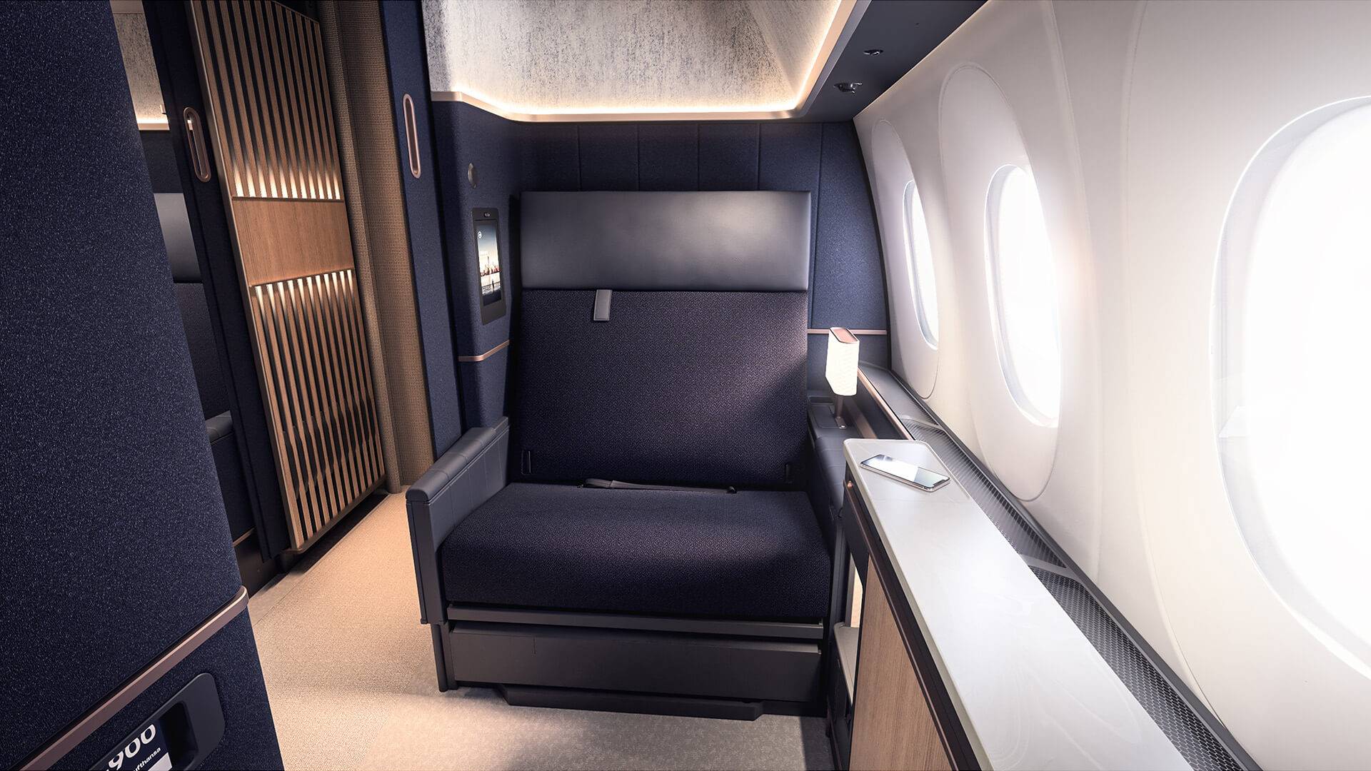 View of the First Class seat on the Lufthansa A350