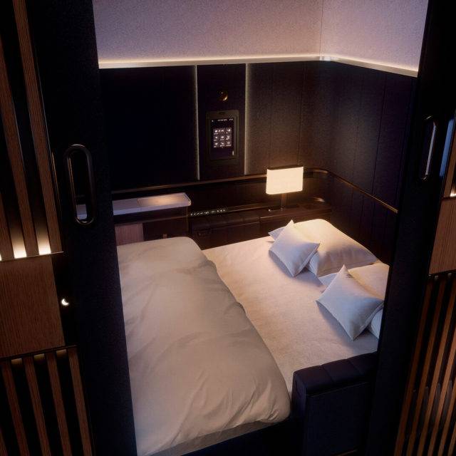 View of the Lufthansa A350 First Class Suite with the bedmode active