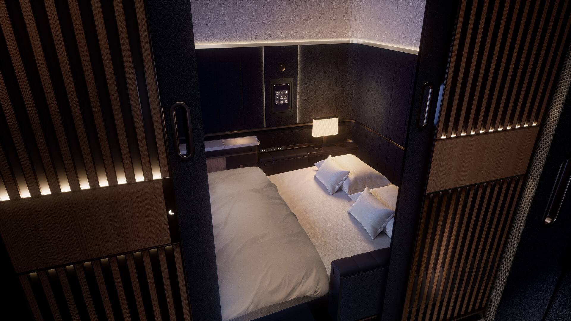 View of the Lufthansa A350 First Class Suite with the bedmode active