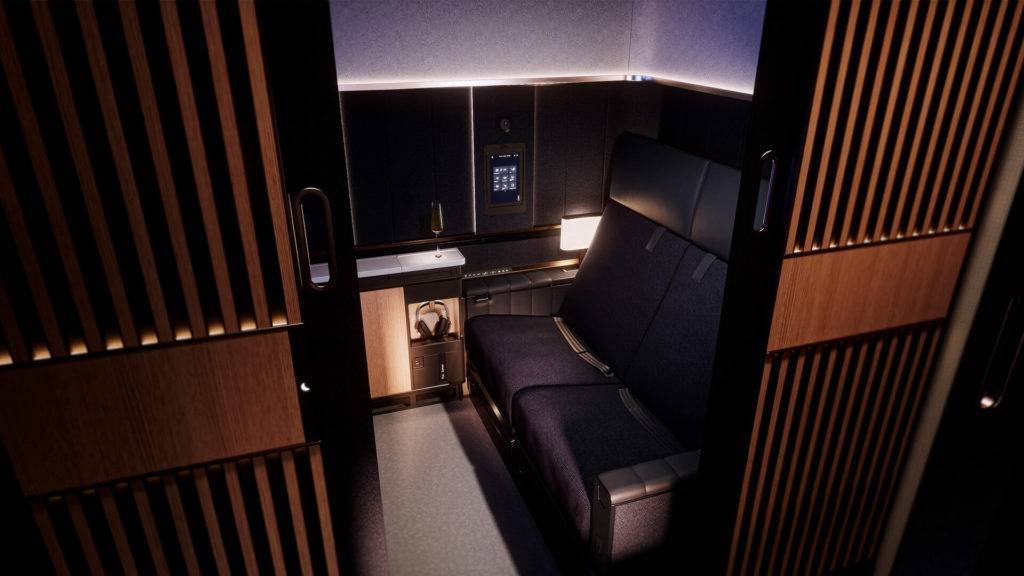 View of the Lufthansa A350 First Class Suite from the aisle with the doors open