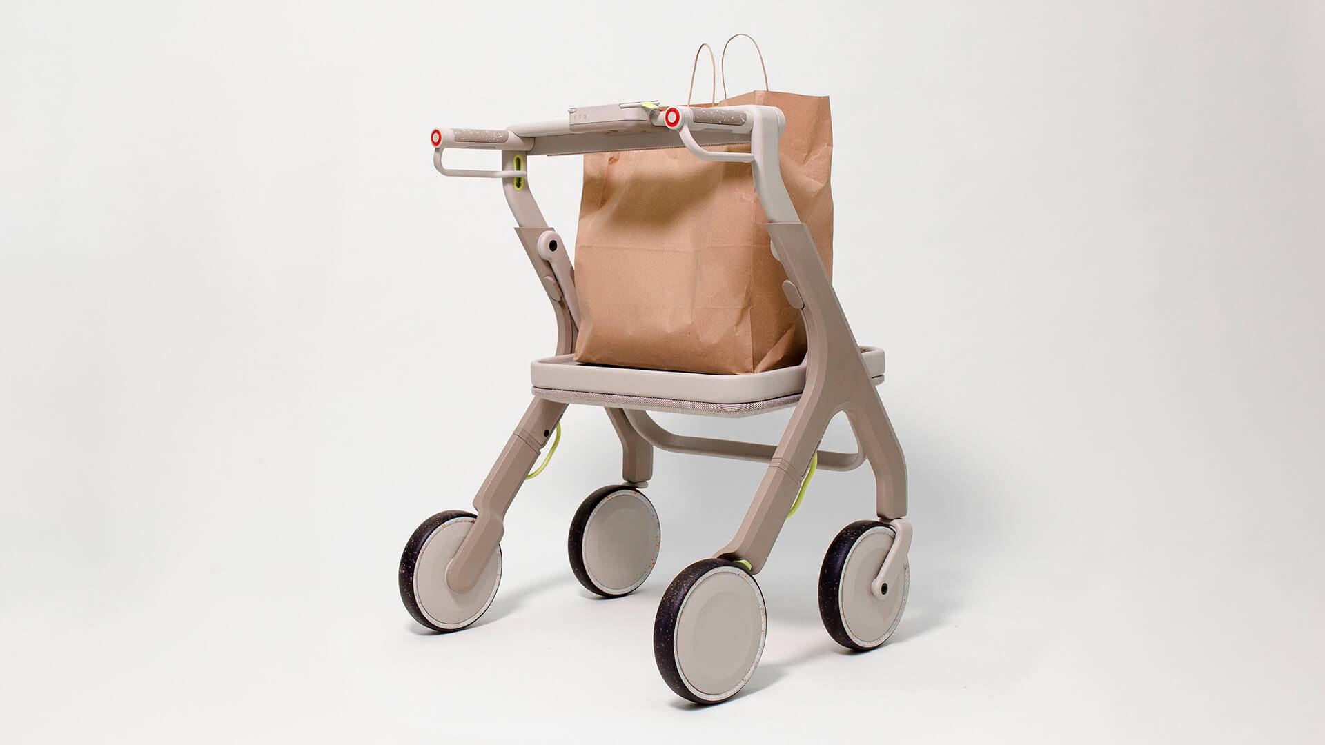 A studio shot of the WALKABLE seat flipped to hold shopping bags