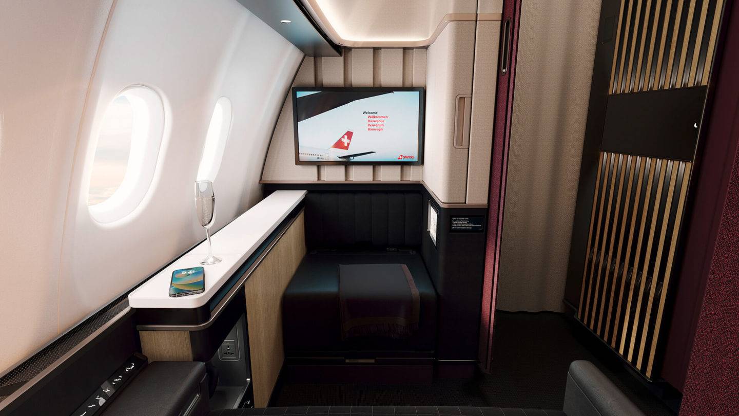 Forward facing view aboard the SWISS A330 First Class suite
