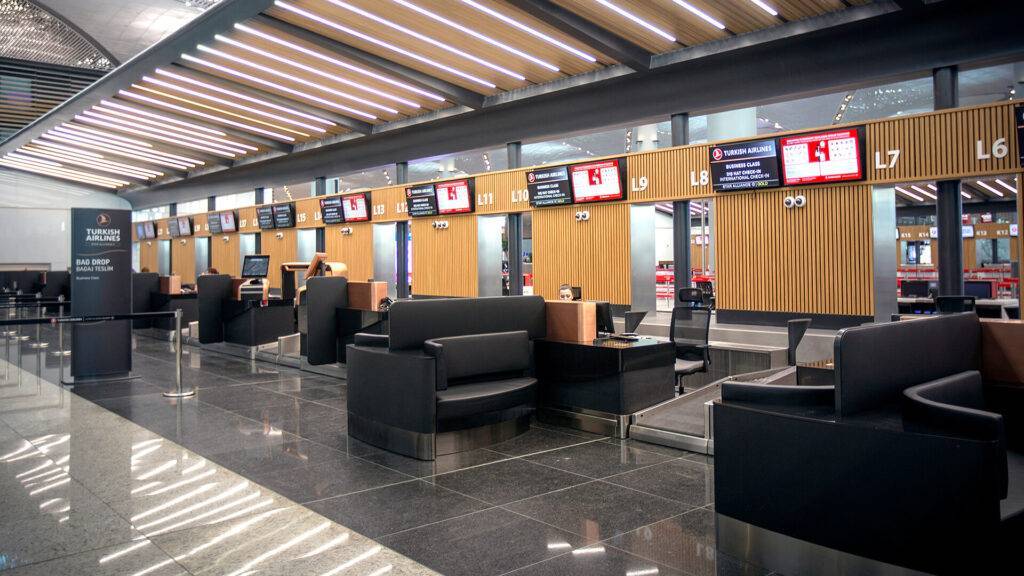 Turkish Airlines Business Class Check-in area with seating for passengers