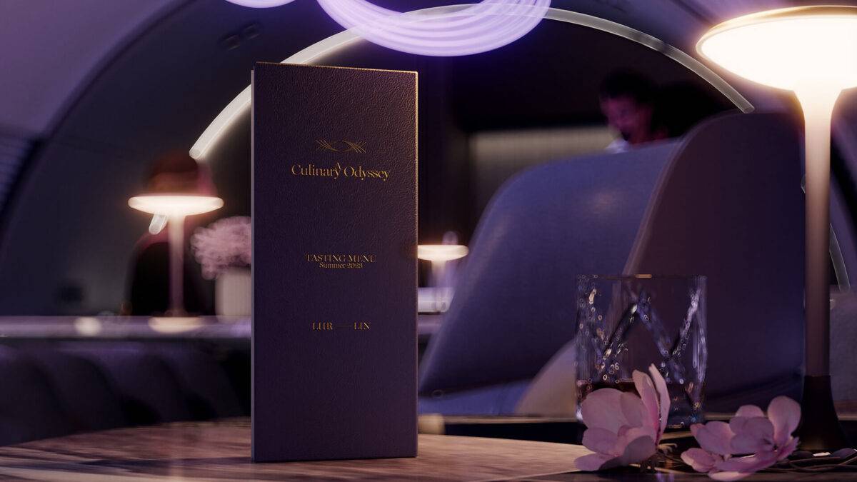 A Culinary Odyssey tasting menu on the table in the aircraft