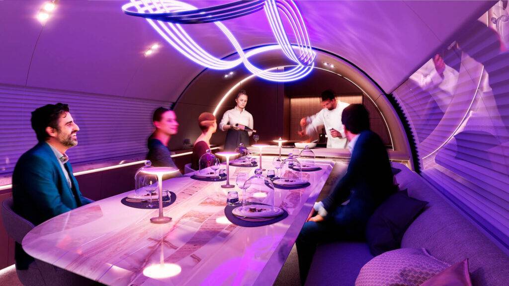 Onboard aircraft private dining experience with purple ambient lighting