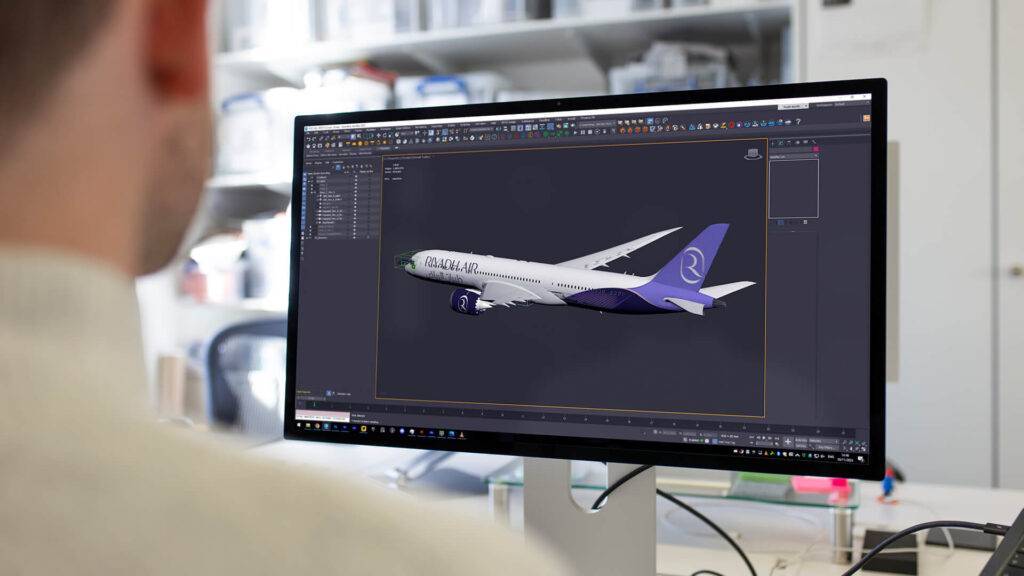 Riyadh Air work in progress shot, 3D rendering of white livery design