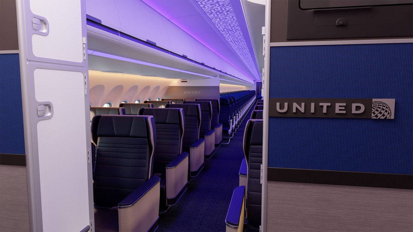 United Airlines A321neo cabin interior at the front of the plane