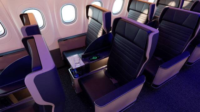 United Airlines A321neo cabin interior, seats showing charging stations