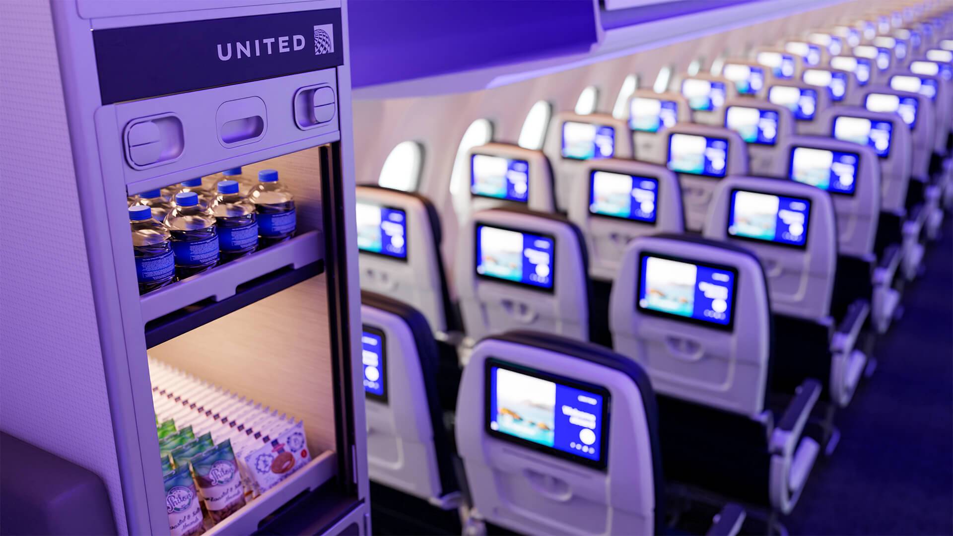 United Airlines A321neo cabin interior, water and snack caddy